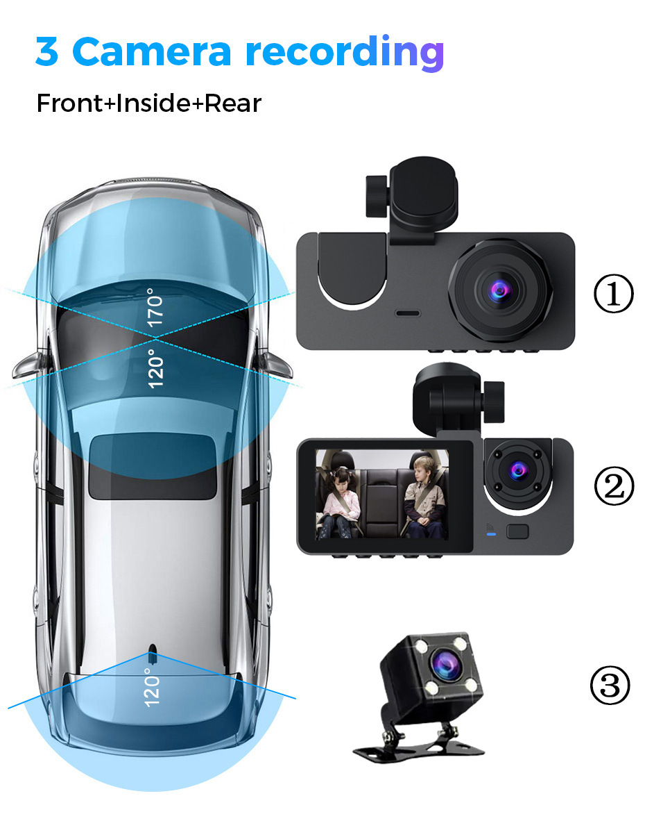 Dash Cam, 3 Channel Dash Cam, 1080P Dash Cam Front ,Inside and Rear